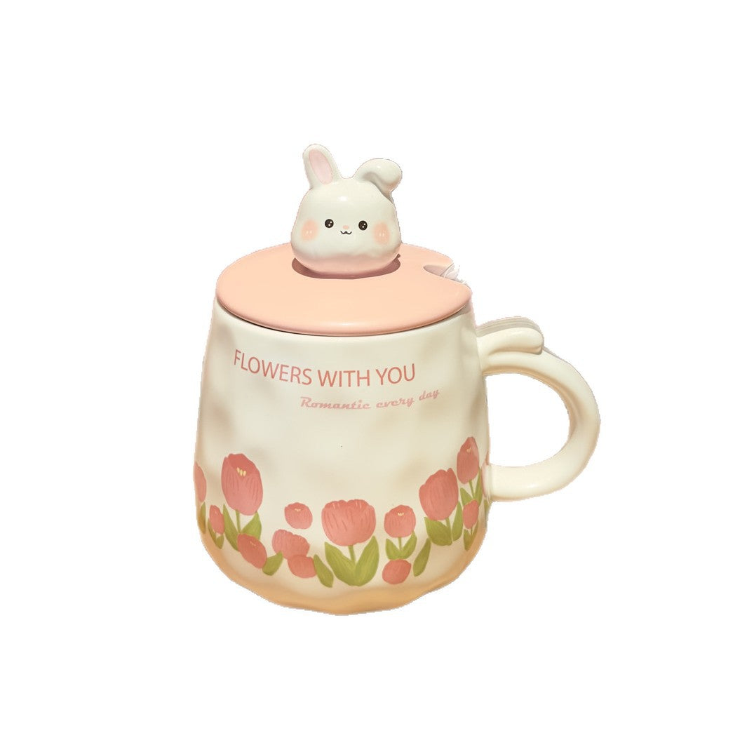 Ceramic Mug with Bunny Lid and Floral Design