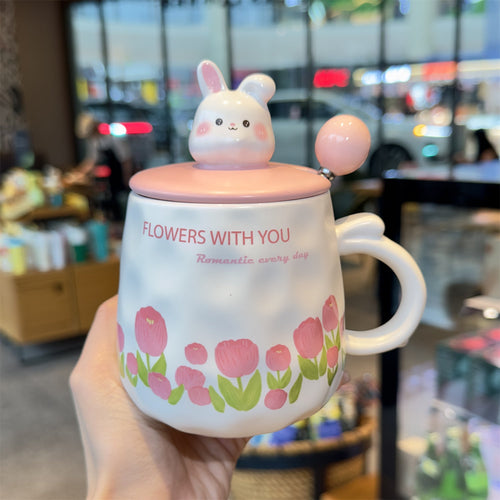 Ceramic Mug with Bunny Lid and Floral Design