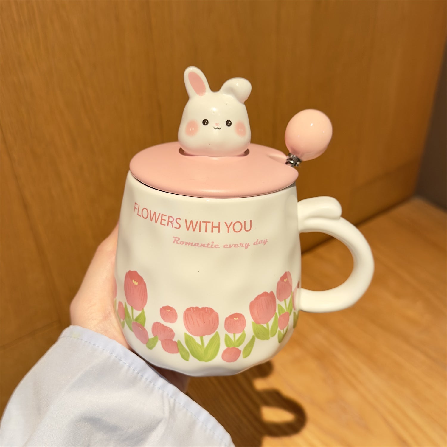 Ceramic Mug with Bunny Lid and Floral Design